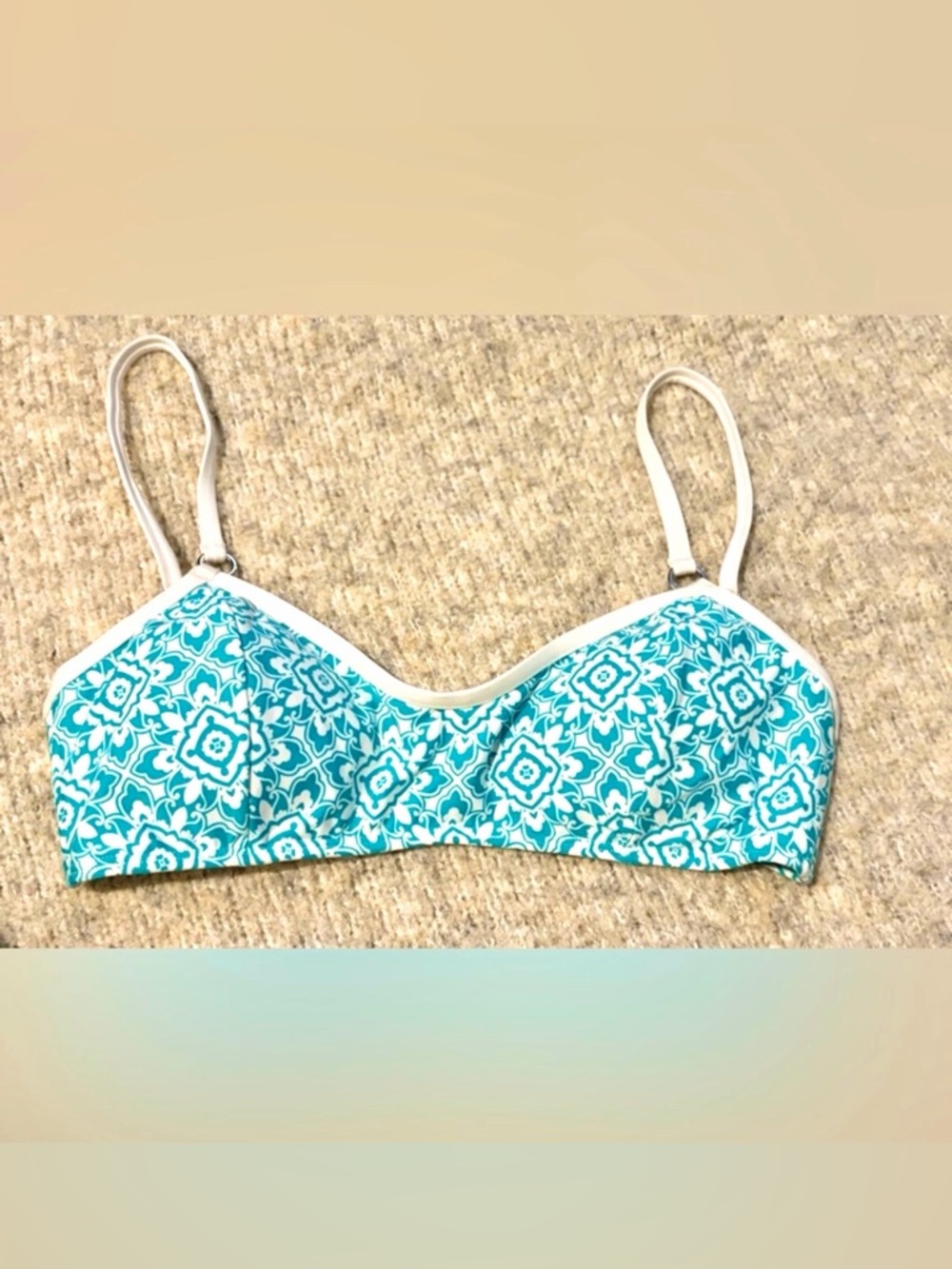 LAUNDRY by SHELLI SEGAL Bikini Top Teal White Print Adjustable Straps-Size S